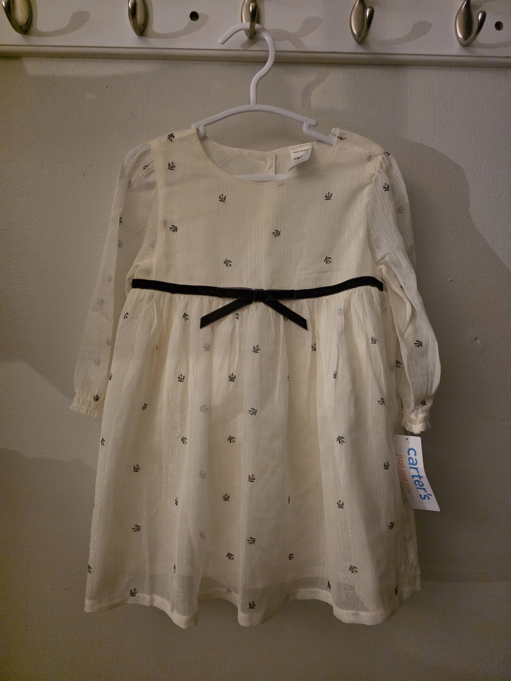Carters Cream Long-Sleeve Party Dress with Black Bow
